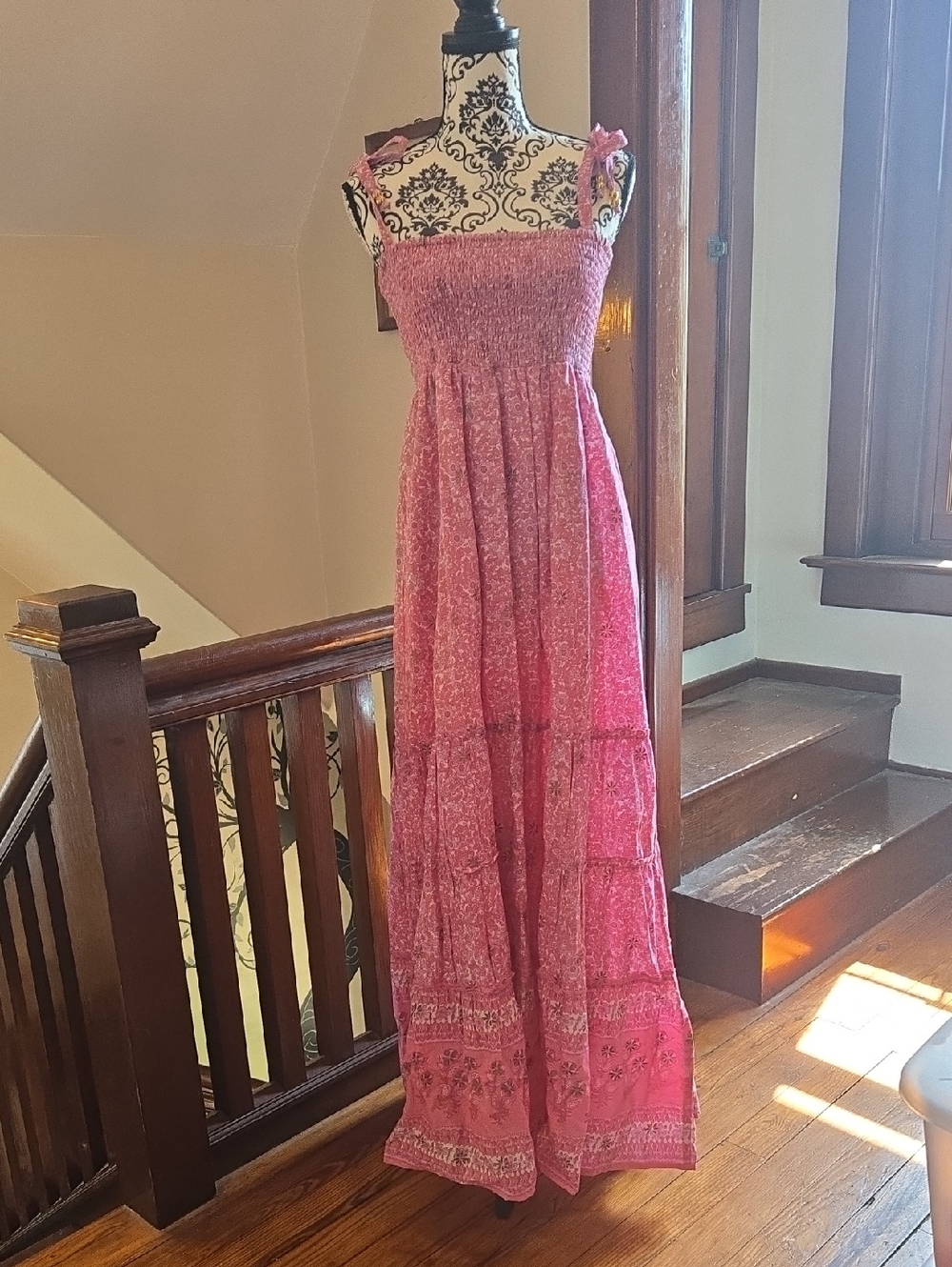 Pink Smocked Maxi Dress with Floral Border